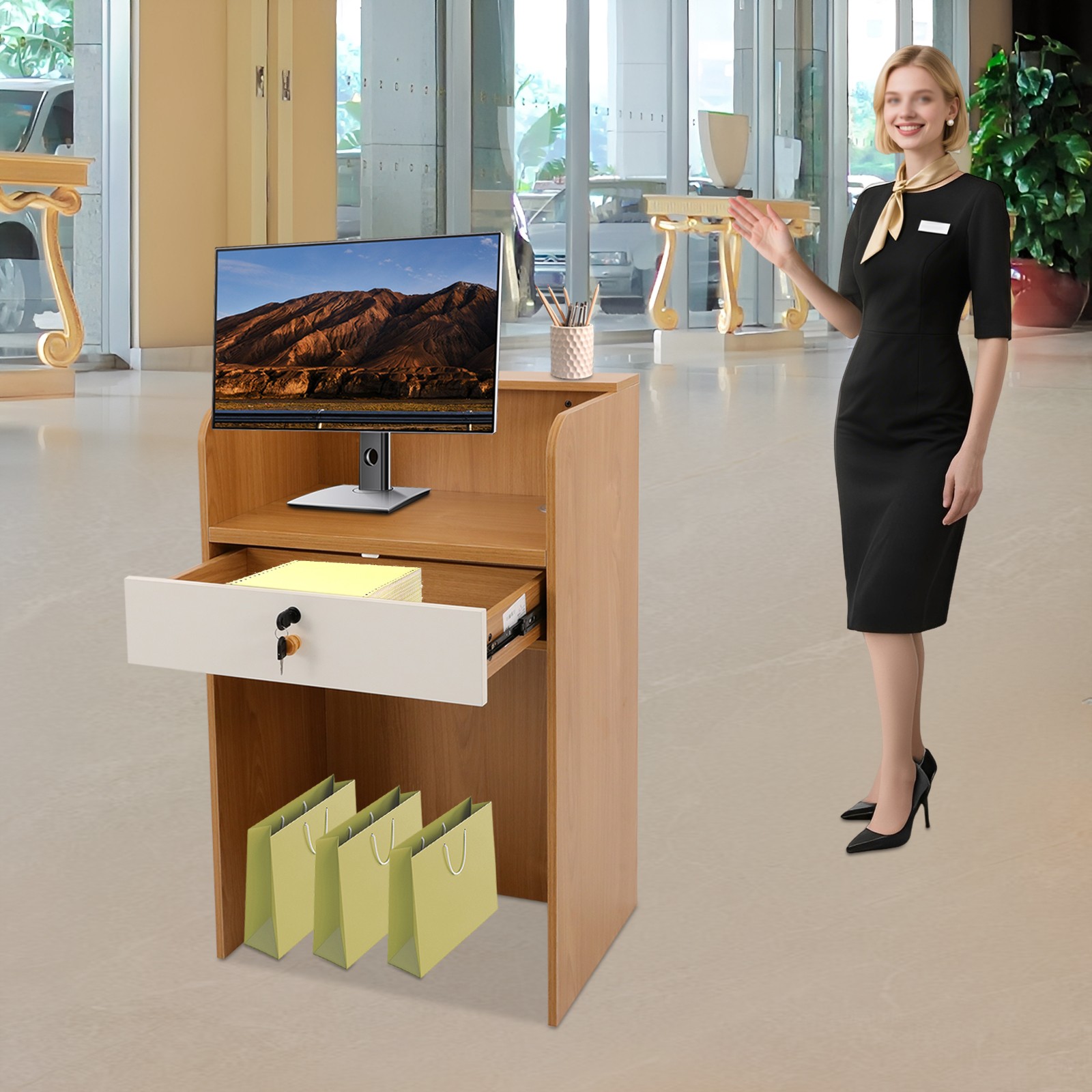 Oak Color Reception Desk with LED Reception Counter With a Lockable Drawer