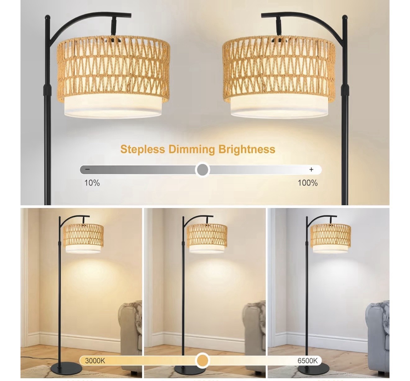 Dimmable LED Floor Lamp, Remote/App Control, Adjustable, Rattan Drum Shade