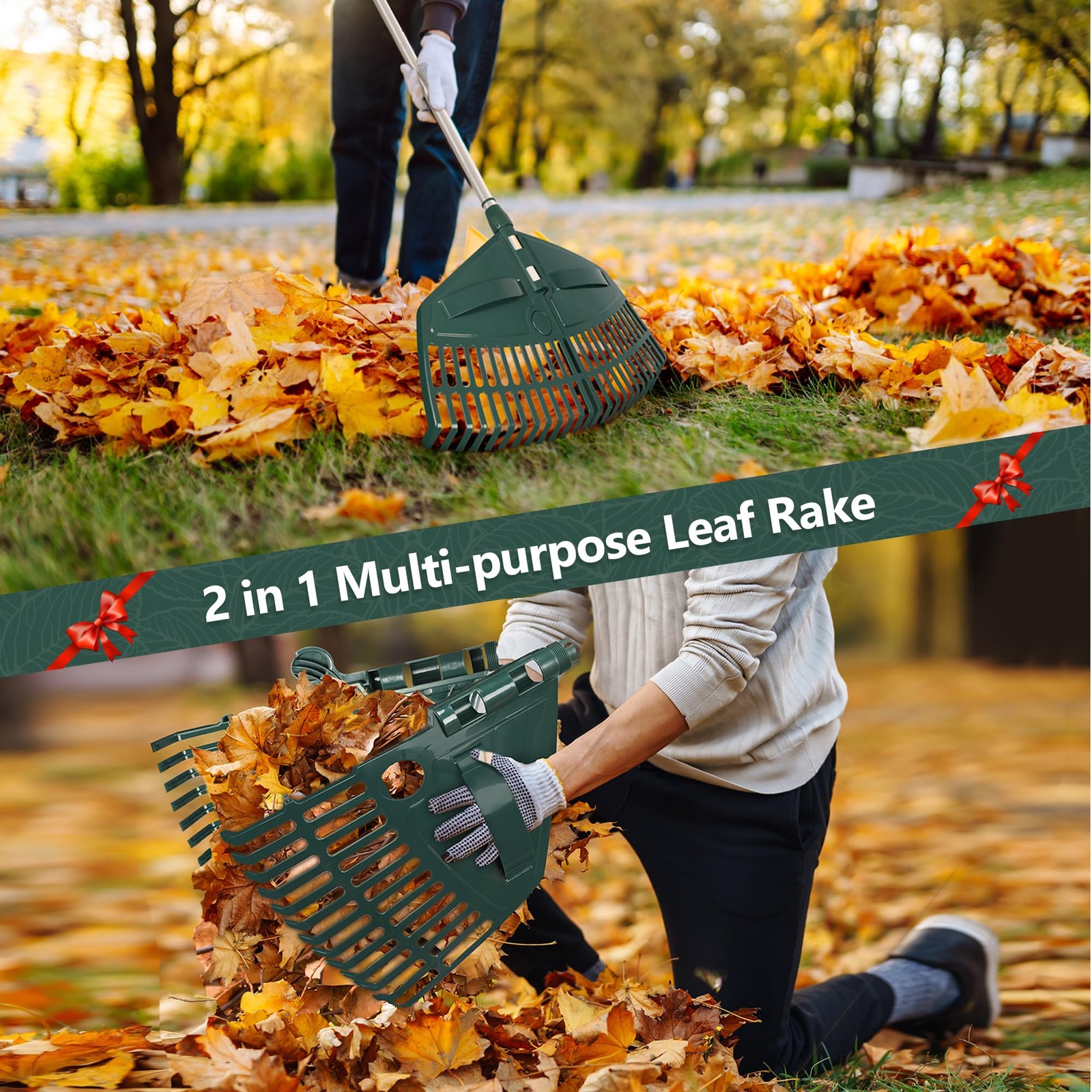 69" Adjustable Leaf Rake with 5-Section Handle, 26-Tine Durable Plastic Head,...