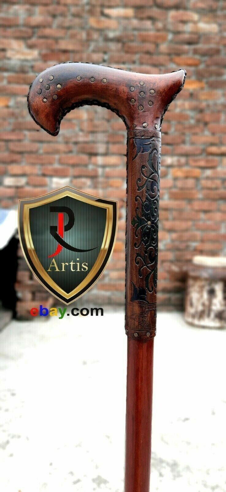 Solid Woodden Curved Walking Stick Handmade Designer Handle Half Leather Cane