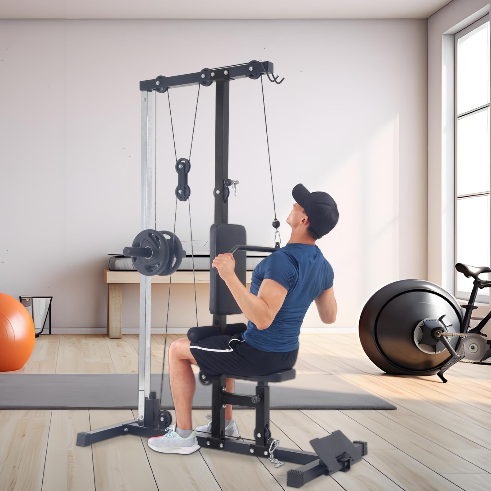 Lat Pull Down Machine System Workout Equipment w/ Seat & Knee Support 500LB