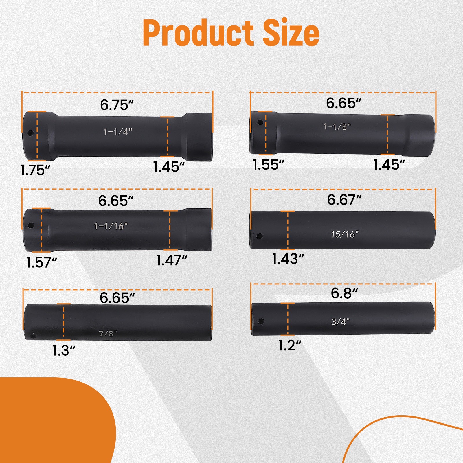 Deep Socket Set 6pc 1/2" Drive Heavy Duty Extended Hex Sizes 3/4" to 1-1/4" New