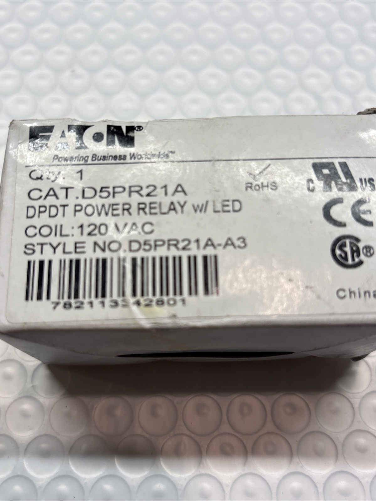 Eaton, D5PR21A DPDT POWER RELAY WITH LED, Coil: 120 VAC, New