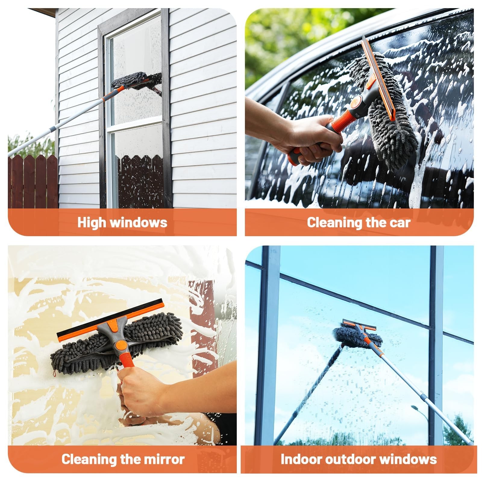 Eazer 2-in-1 Window Cleaner Tool, 64'' Squeegee for 64inch, Orange