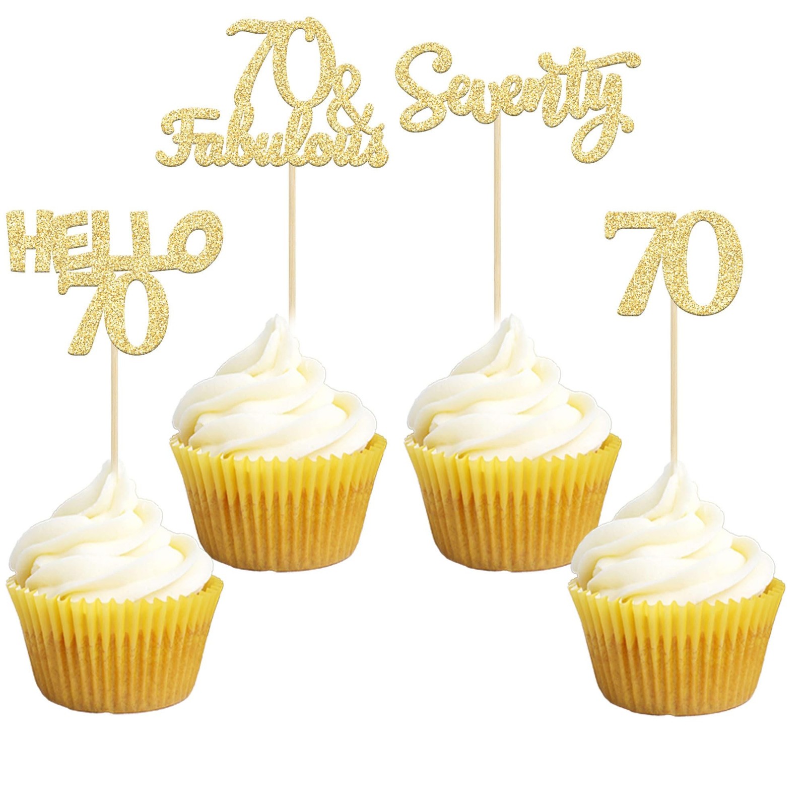 Gyufise 24Pcs Gold Glitter 70th Birthday Cupcake Toppers Hello 70 Seventy Cak...