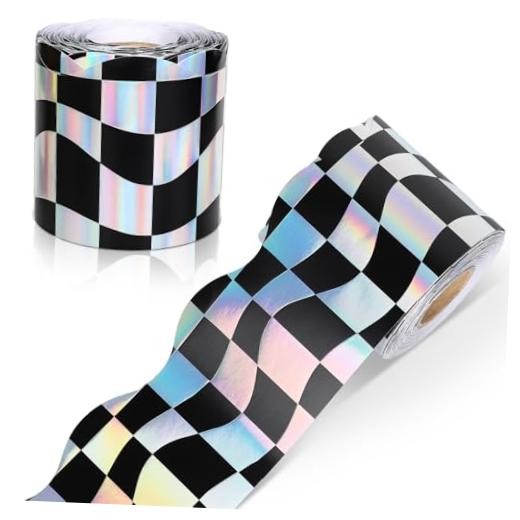 65.6 Ft Iridescent Checkered Bulletin Board Border Holographic Black Plaid