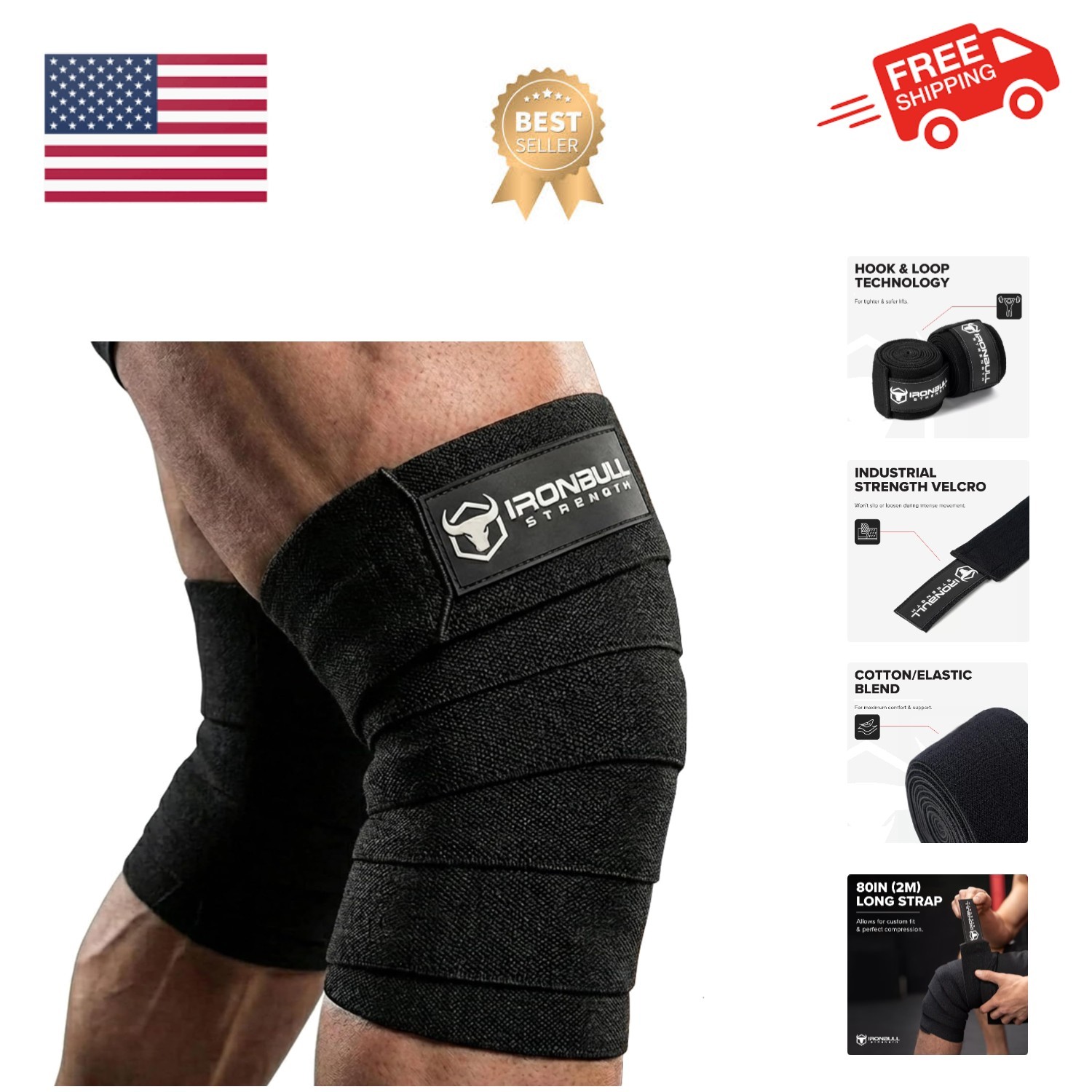 Knee Wraps for Weightlifting - 80" Elastic Knee Straps for Squats and Weight ...