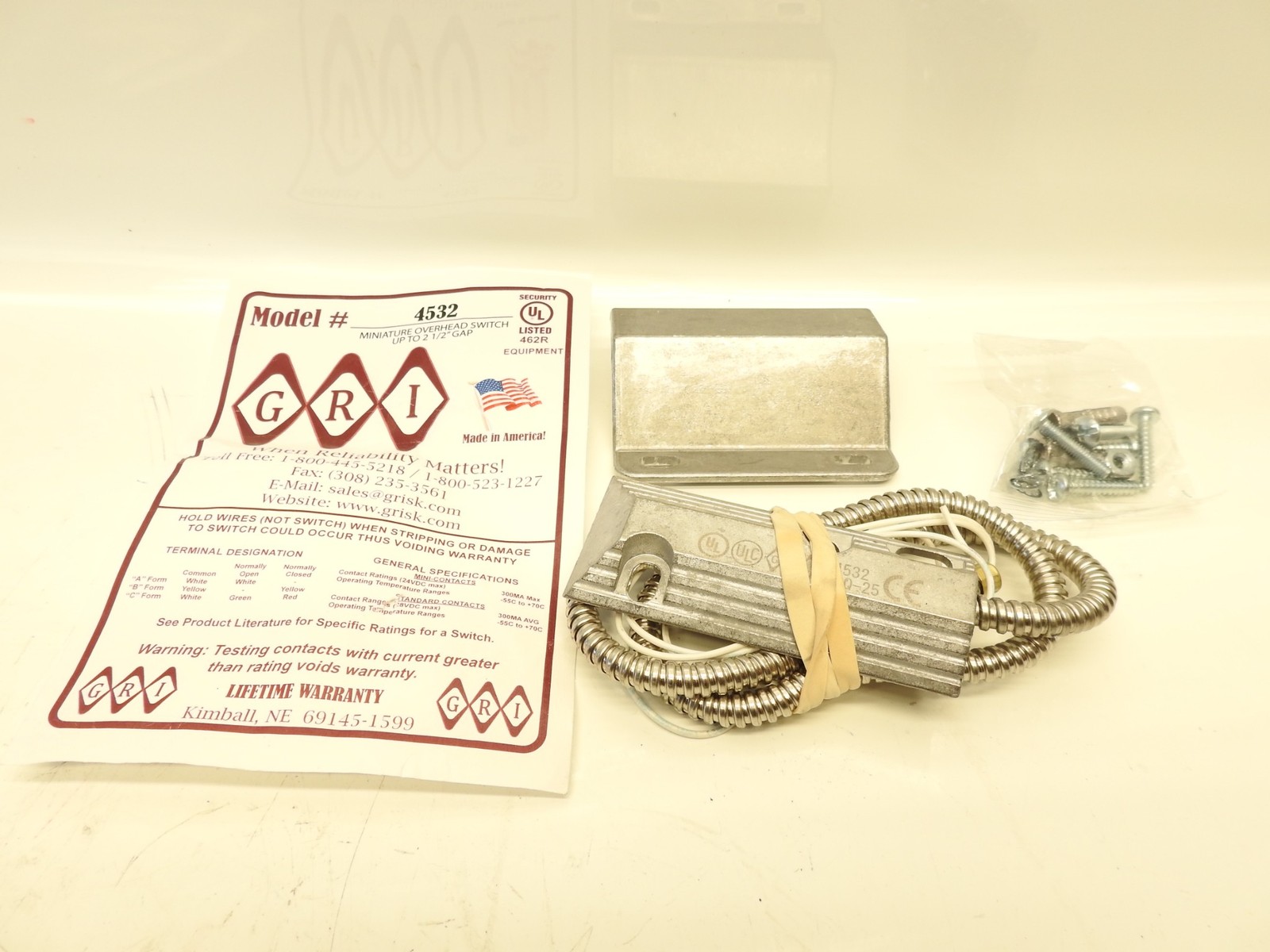 New GRI 4532 Miniature Overhead Door Contact Closed Loop Up to 2.5" Gap