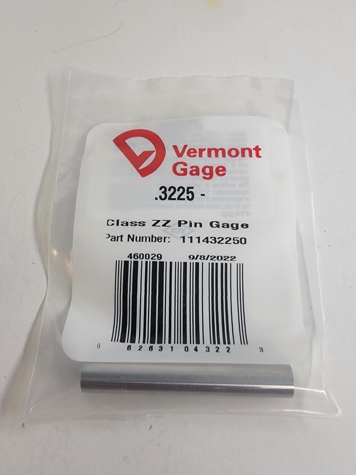 Vermont Gage - 111432250 - .3225" Minus - Class ZZ Pin Gage