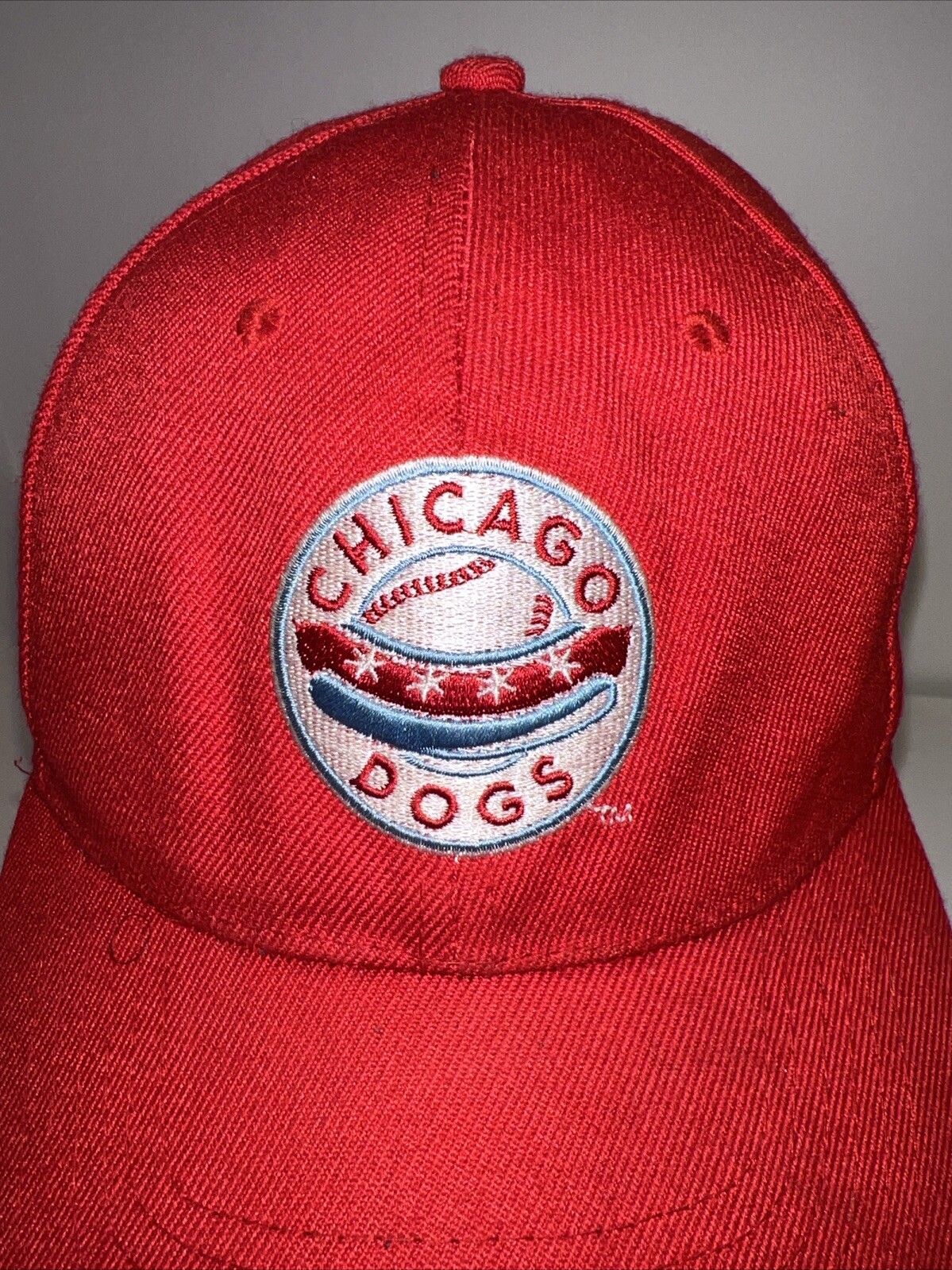 Chicago Dogs Patch w Baseball & Hot Dog on Front of Red Hat Cap Hook Loop