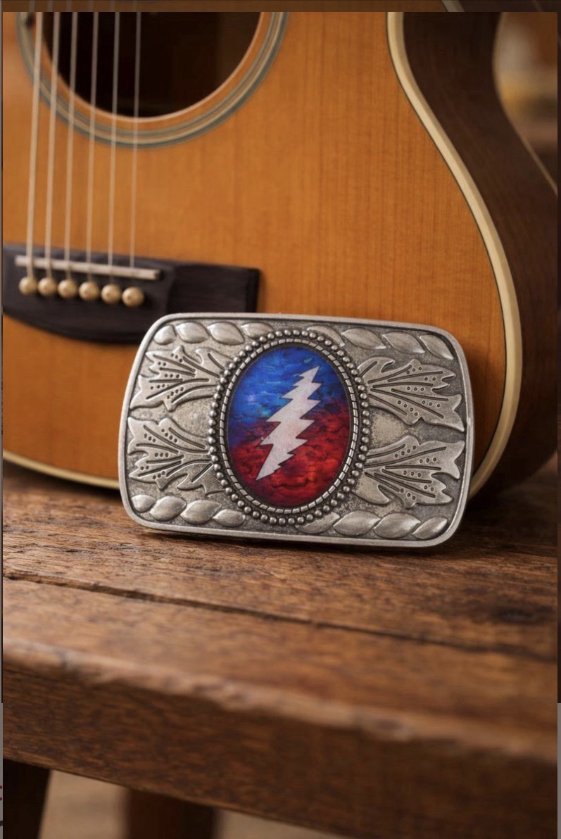 Silver Rectangle Grateful Dead Lightning Bolt Belt Buckle