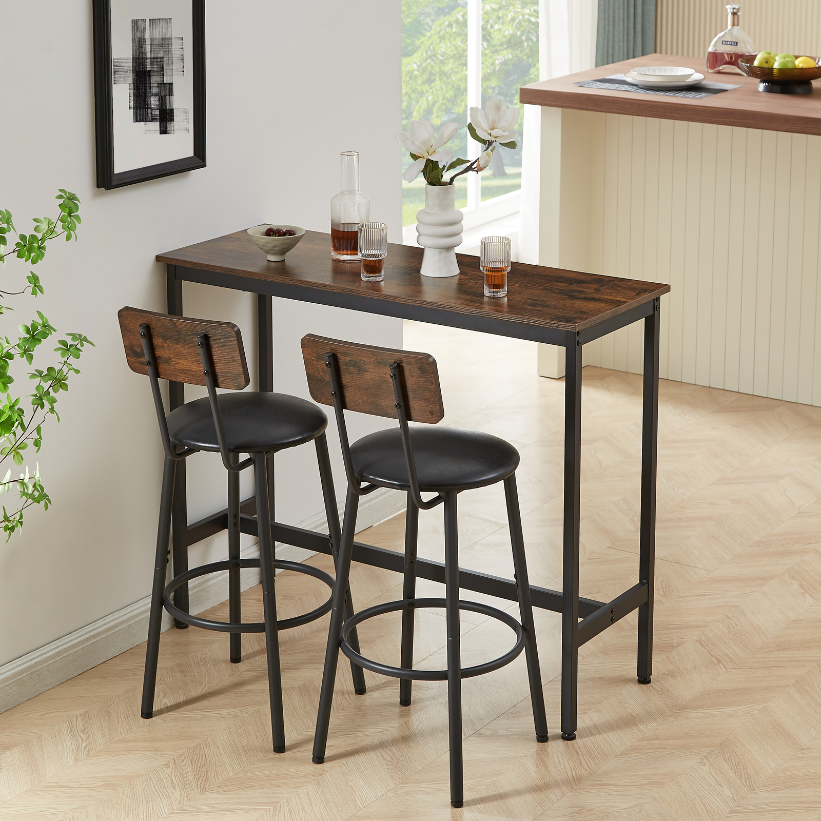 3PCS Bar Table Set Kitchen Dining Breakfast Pub Table + 2 PU Chairs Stools Brown