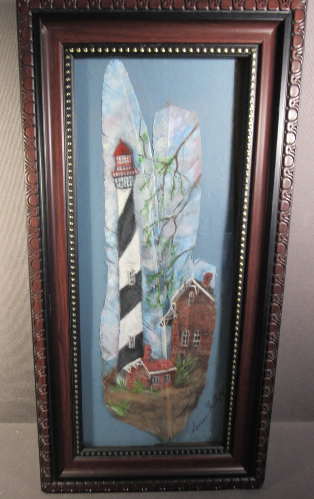 Feather Art Original Painting Collage Lighthouse Signed Susan Hutzig 14x7.25"