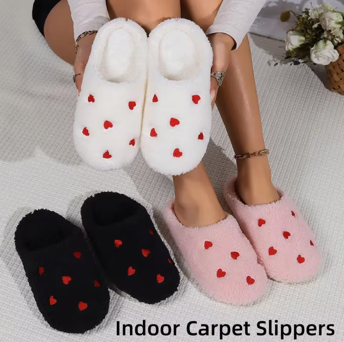 Winter Ladies Heart Slippers Soft Non Slip Indoor Warm Cute