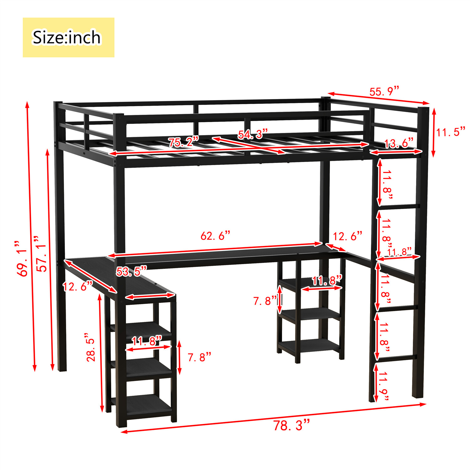 Full Size Loft Bed Metal Bed Frame w/ Desk and Storage Shelves Black