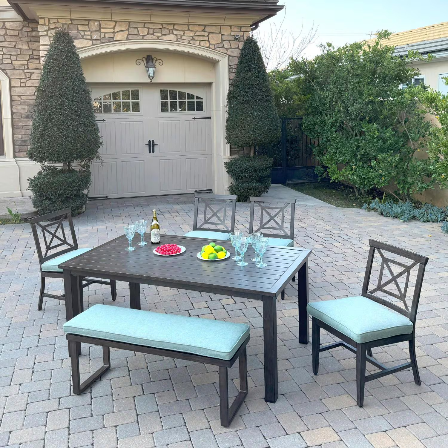 Atlantis 6 Pc Aluminum Dining Set 4 Dining Side Chairs & Two Person Bench in