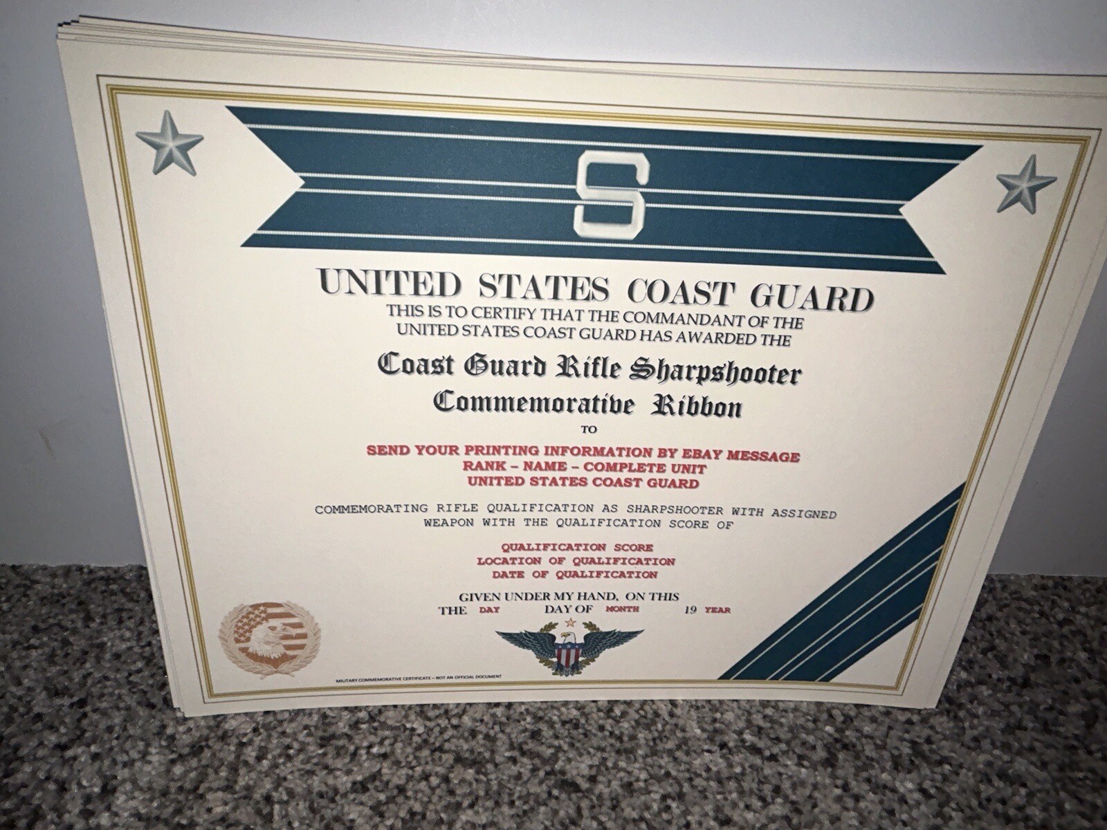 COAST GUARD - RIFLE SHARPSHOOTER COMMEMORATIVE CERTIFICATE ~ W/PRINTING TYPE-1