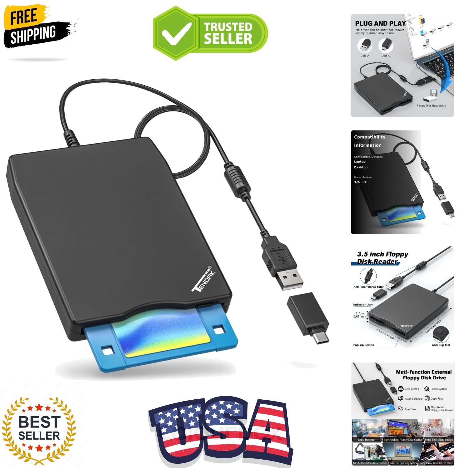 USB Floppy Disk Drive, Floppy Disk Reader 3.5 inch Portable USB External 1.44...