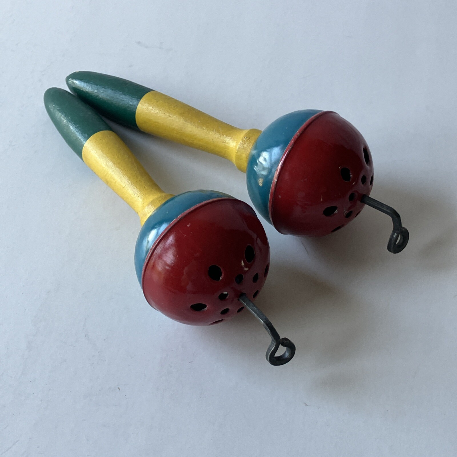 Vintage Set of 2 Maracas Shakers Wooden Handle & Metal Musical Noise Maker 1940s