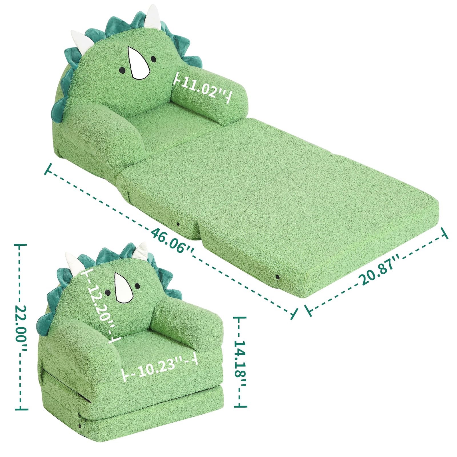Foldable Kids Sofa, Triceratops Toddler Couch With Tri Folding Foam Cushions,...