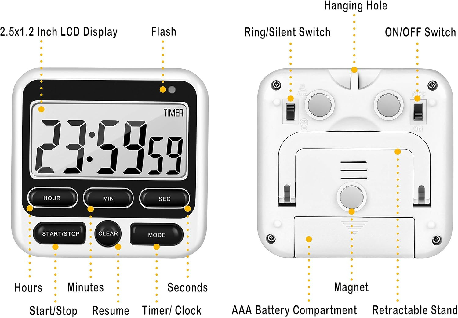 4-In-1 Digital Timer with Count Up/Down, Clock & Alarm, Ring & Silent Modes | La