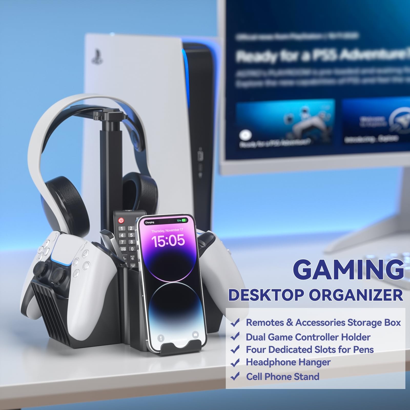Dual Controller Holder with Headphone Stand - Multi-Functional Desk Storage B...