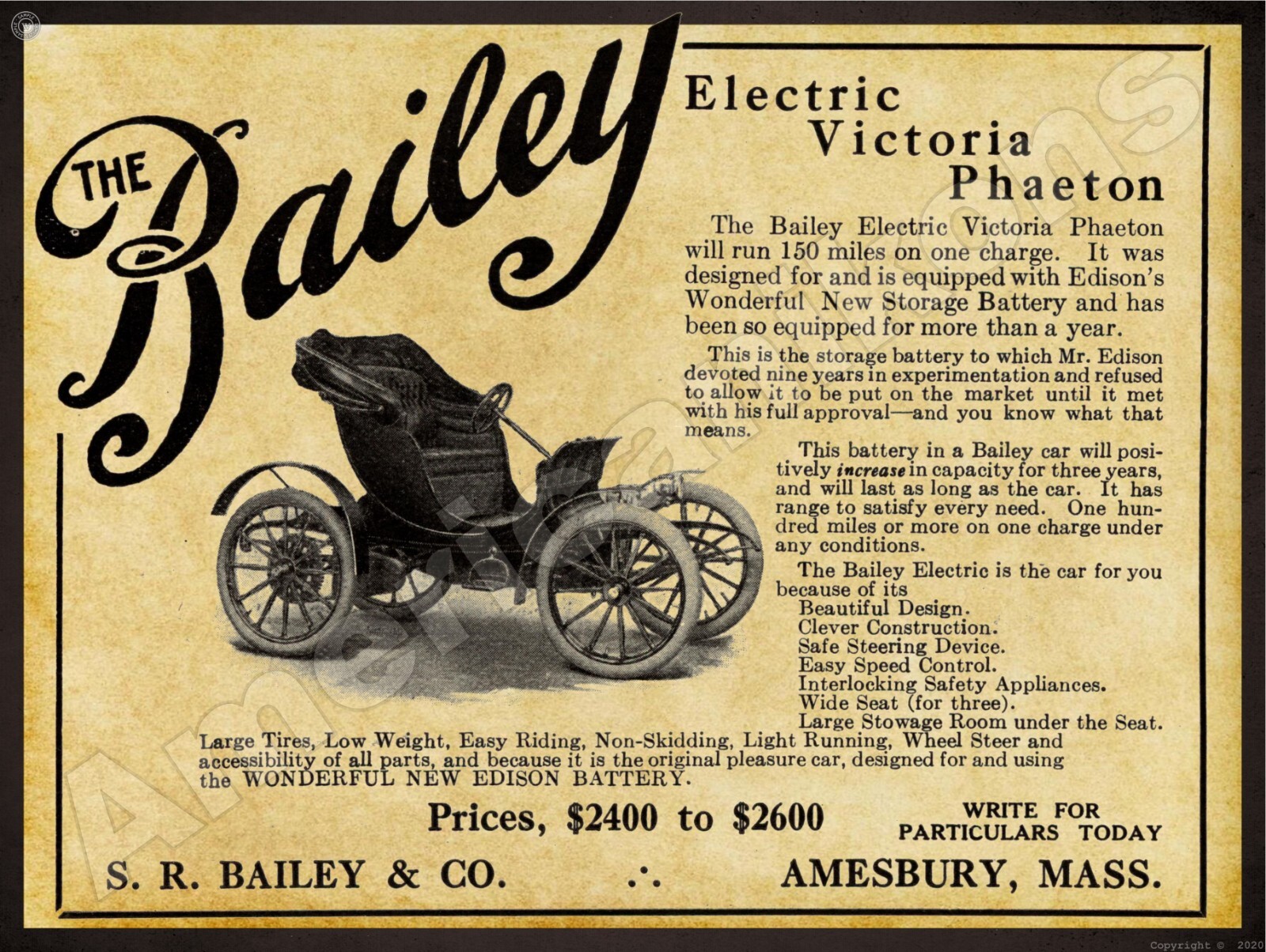 1911 Bailey Electric Cars of Amesbury, MA NEW METAL SIGN: 12x16" Free Shipping