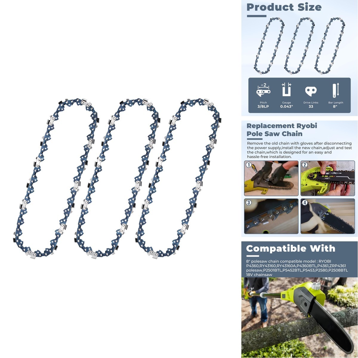 8" Pole Saw Chain for Ryobi P4360 RY43160 P4361 RY8C1 33DL 3/8" LP 0.043" (3