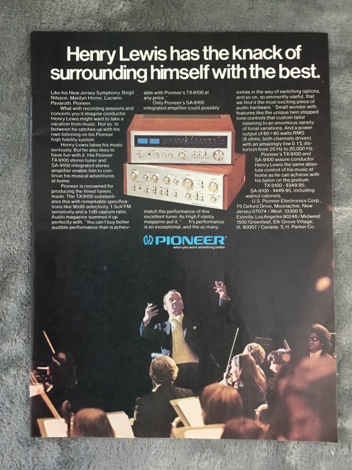 Rare 1974 PIONEER TX-9100 and SA-9100 "Henry Lewis Conductor" Magazine Ad