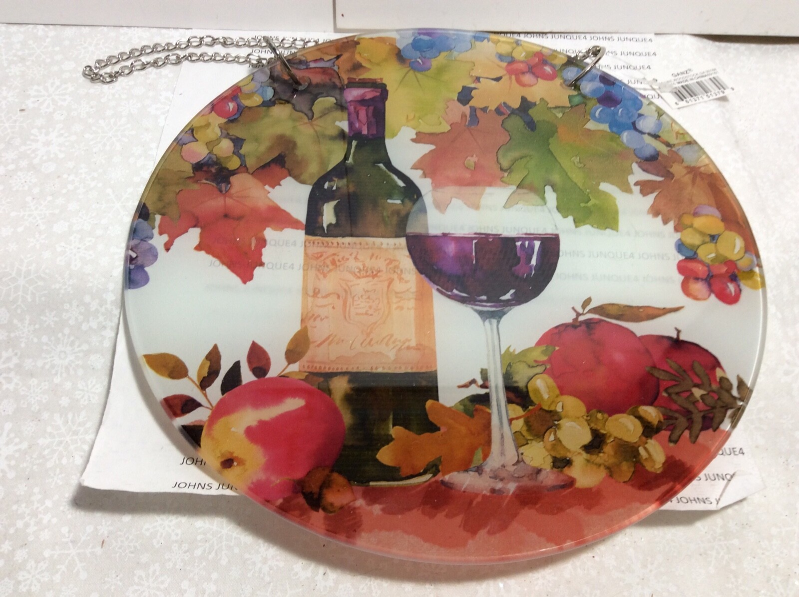WINE BOTTLE & GLASS SUN CATCHER New with tag Round 8” Ganz Colorful Glass