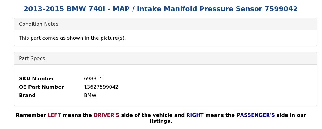 2013-2015 BMW 740I - MAP / Intake Manifold Pressure Sensor 7599042