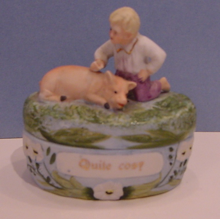 Porcelain Boy with Pig Trinket Box