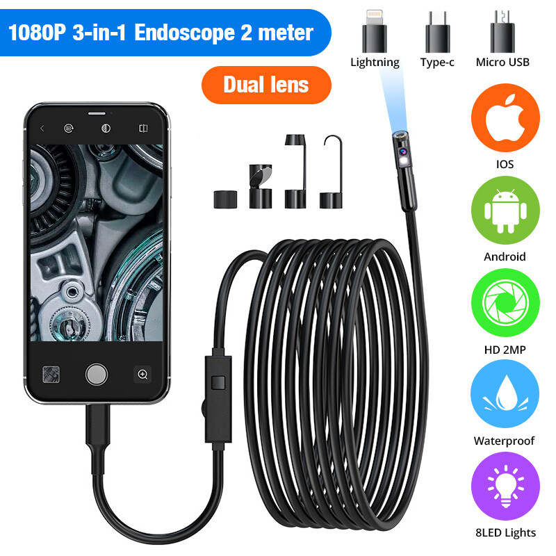 2M Dual Lens IP67 Waterproof Borescope HD Snake Camera Auto Plumbing Tool