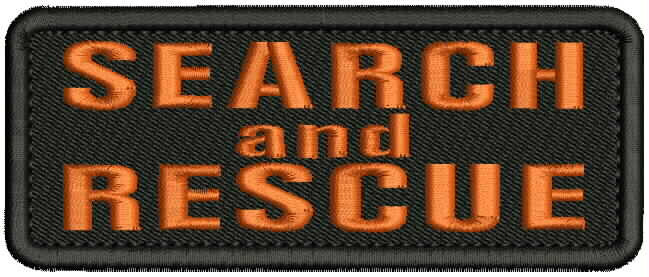 Search and Rescue embroidery patches 2x5 hook on back orange on black