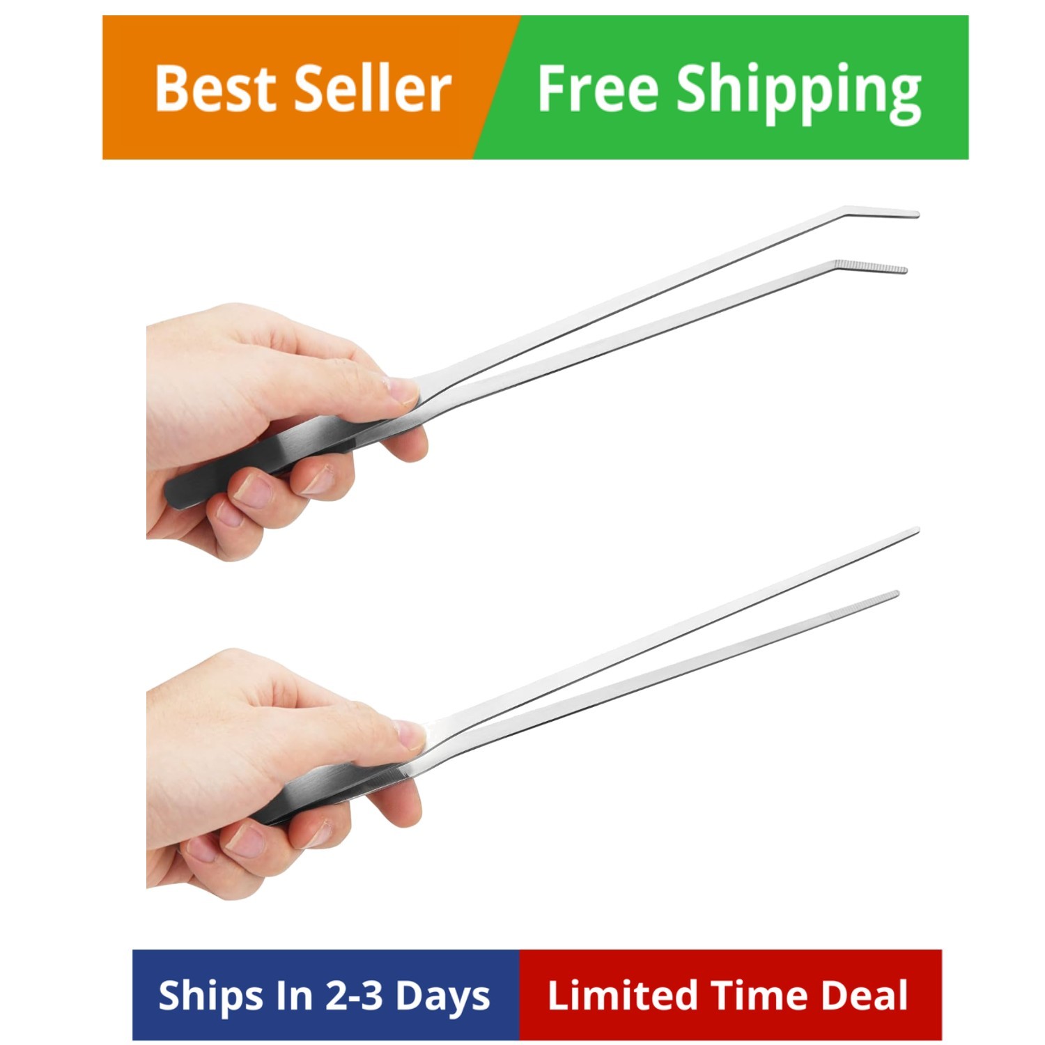 2PCS Long Aquarium Tweezers - 10.6" Straight and Curved Tweezers, Sliver
