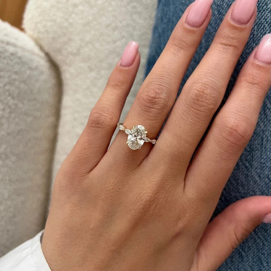 Solid In 14k Yellow Gold Oval Cut Lab Grown Diamond EF/VVS Ring Size 5.5