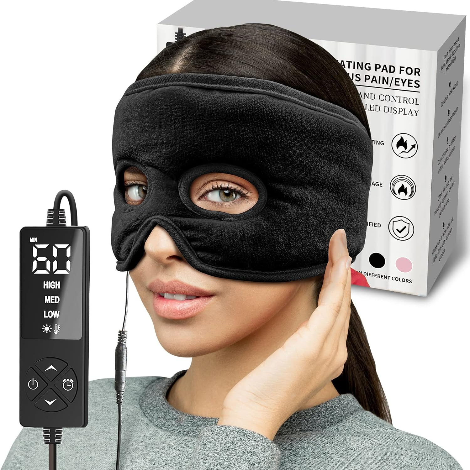 Extra Large Moist Heat Sinus Relief Mask with 3 Heat Settings, Black