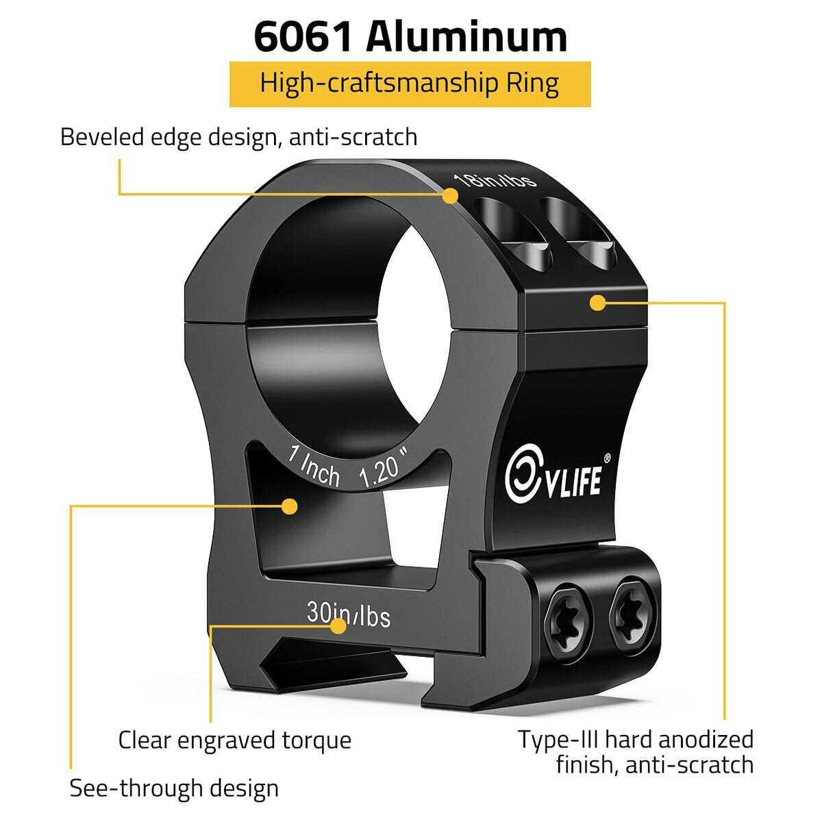 High Profile 1"/25.4MM Precision Scope Ring Mount Compatible with Picatinny Rail