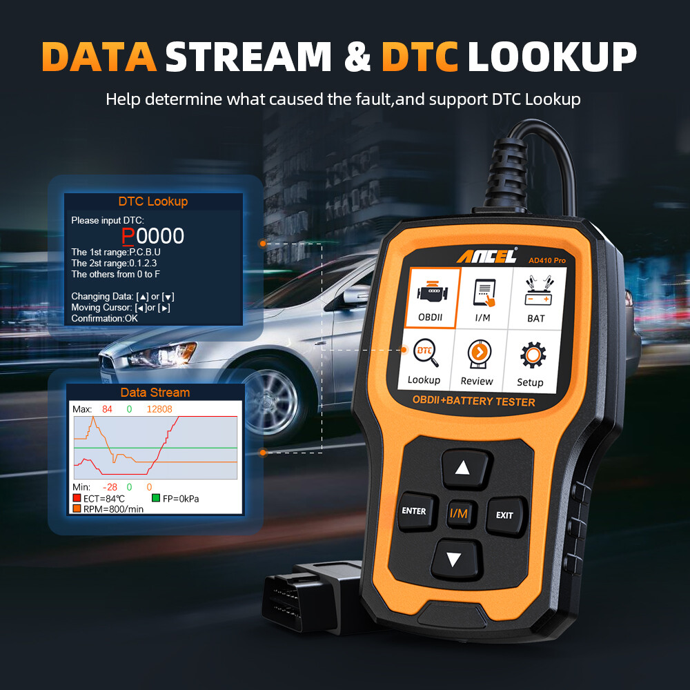 ANCEL AD410 PRO 12V Battery Tester & Car Code Reader OBD2 Engine Diagnostic Tool