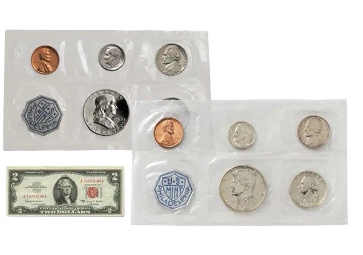 2 U.S. Proof Sets - 1963, 1964, Includes 90% SILVER + $2 VF Red Seal Note
