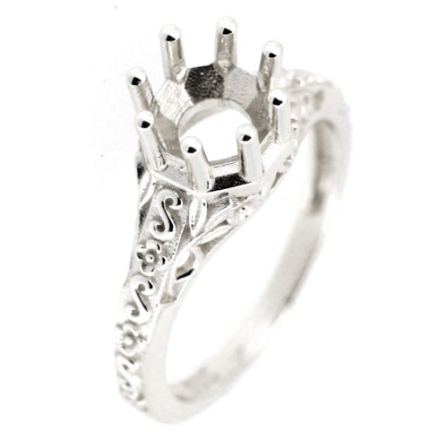 Sterling Silver Semi Mount Ring Setting Round RD 6x6mm Art Deco Style