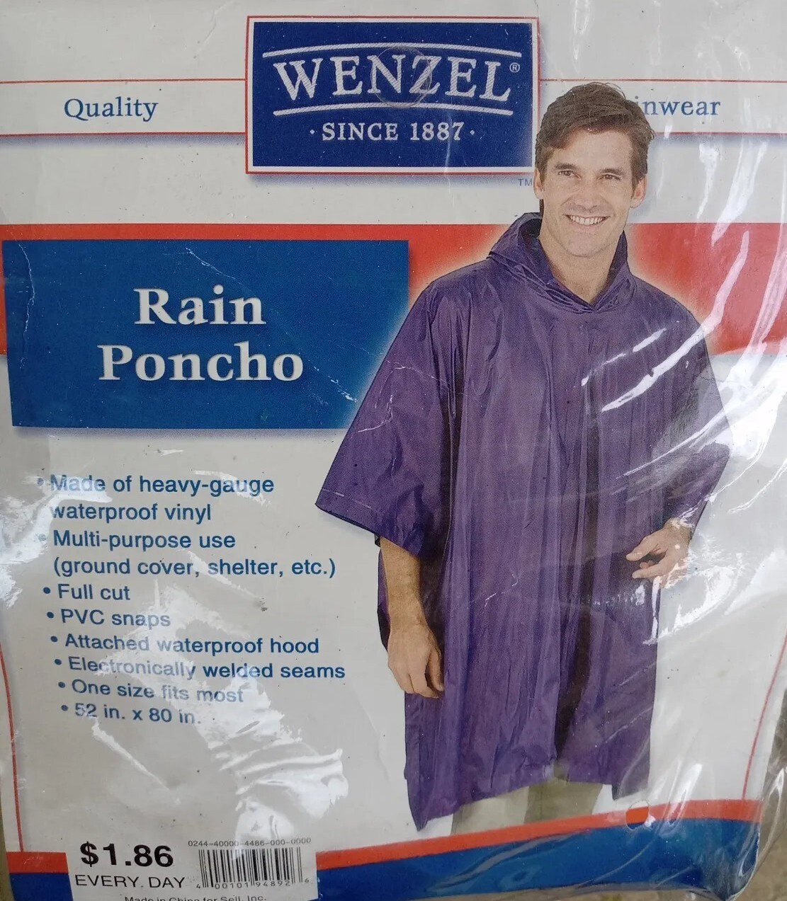 Vintage Wenzel Rain Poncho 52 Inch Purple