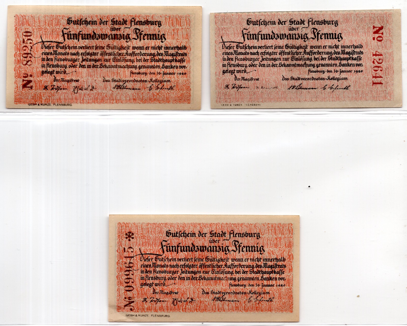 1920 Germany Flensburg Notgeld Set of 3 Notes (1018)