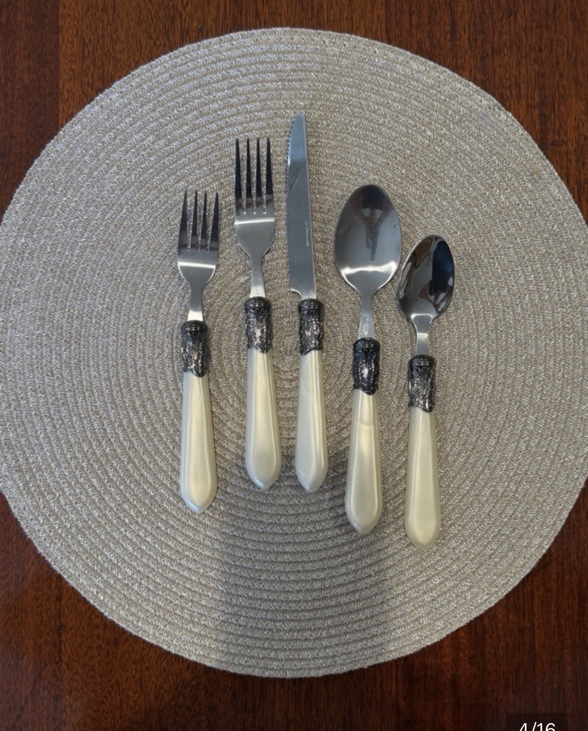 60 Piece Ivory Decorative Handle Flatware Set, Forks, Knives, Spoons, Teaspoons