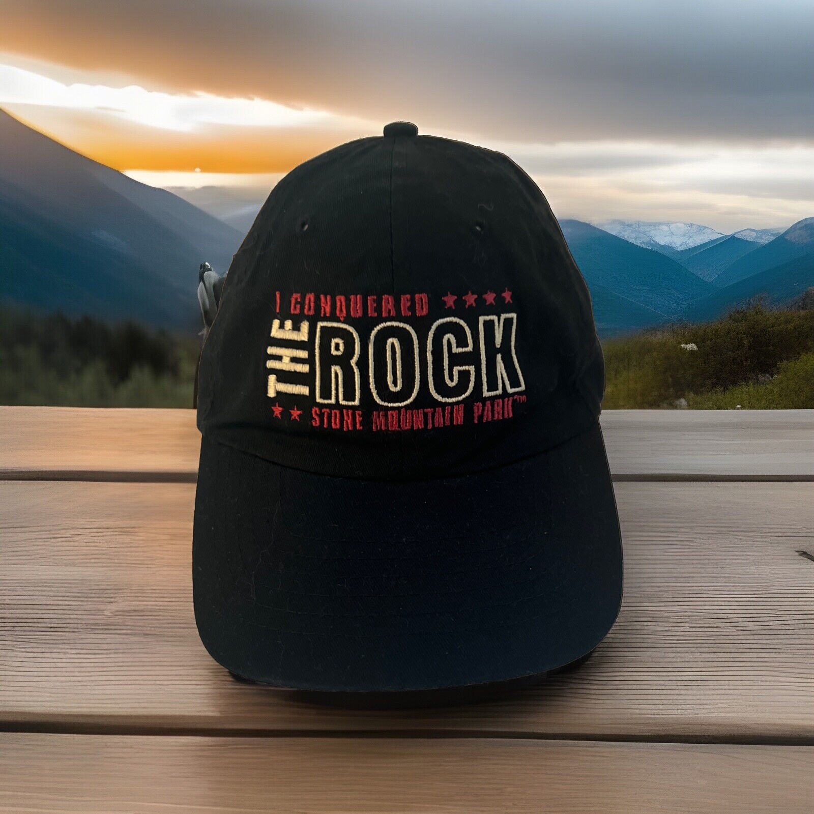 I Conquered THE ROCK Stone Mountain Park Hat Cap Black Hat Red White Hook Loop