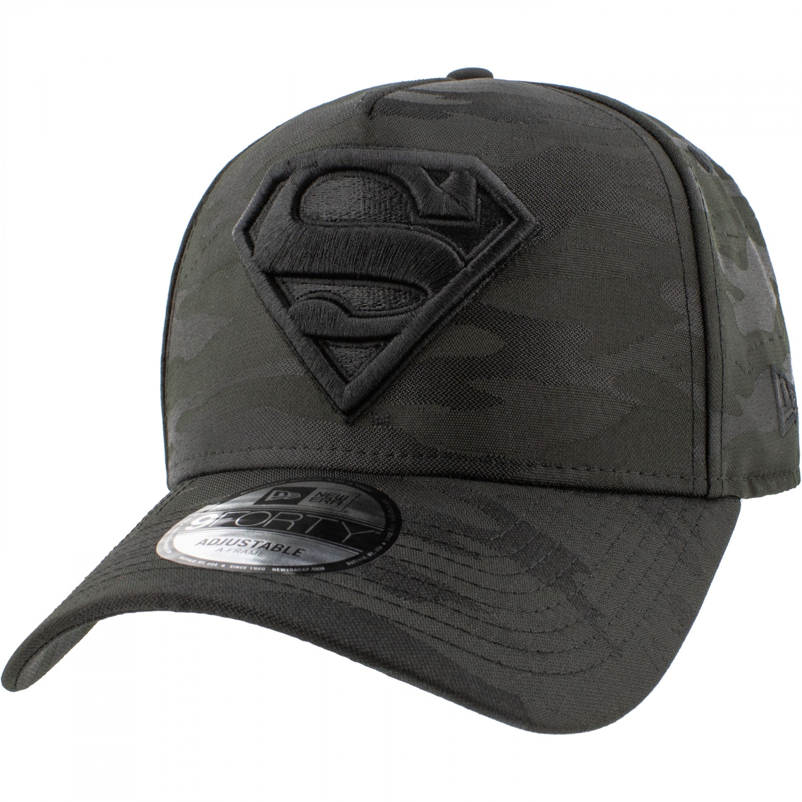 Superman Logo Black on Black Tonal Camo New Era 9Forty Adjustable Hat Black
