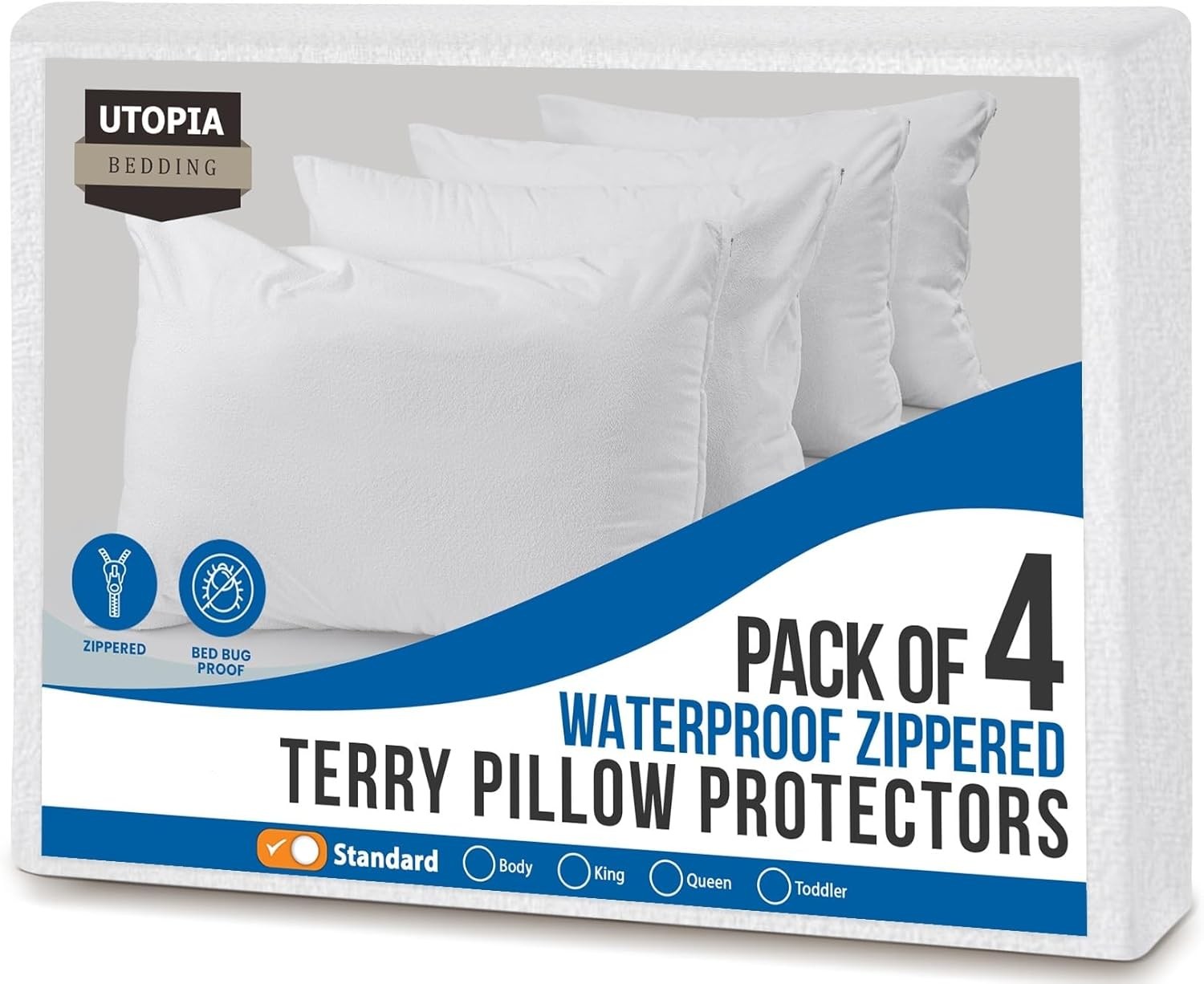 Set of 4 Waterproof Pillow Protectors with Zipper Standard Size, Terry Pillow