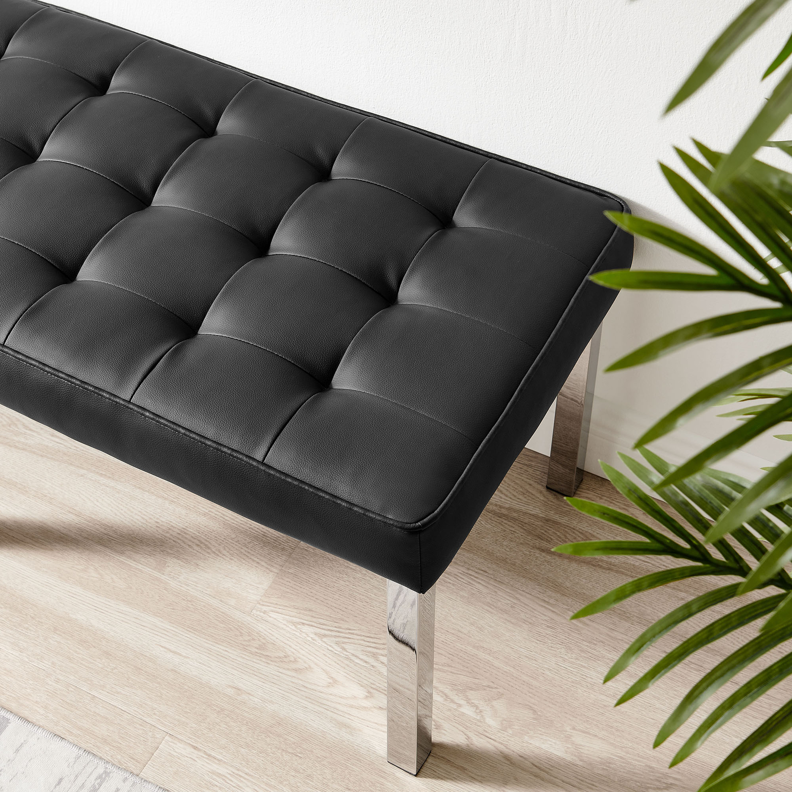Modway Loft Tufted Vegan Leather Upholstered Accent Bench in Silver Black