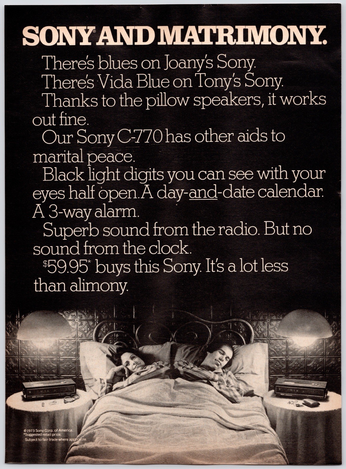 Sony C 770 Clock Radio Married Couple Bedroom Vintage Wall Art Print Ad 70s