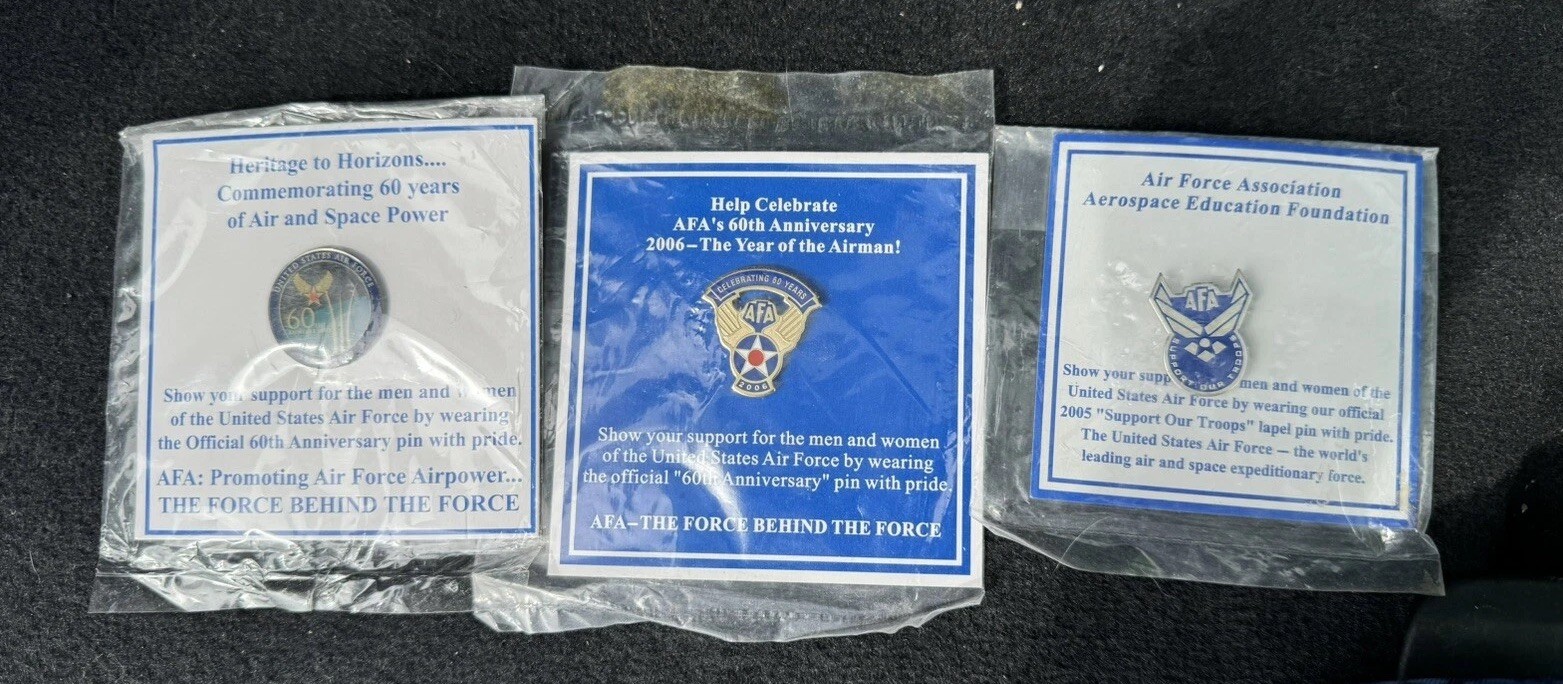 2 Air Force 60th Anniversary Pins; 1 AFA Support 2005 pin. On original cards.